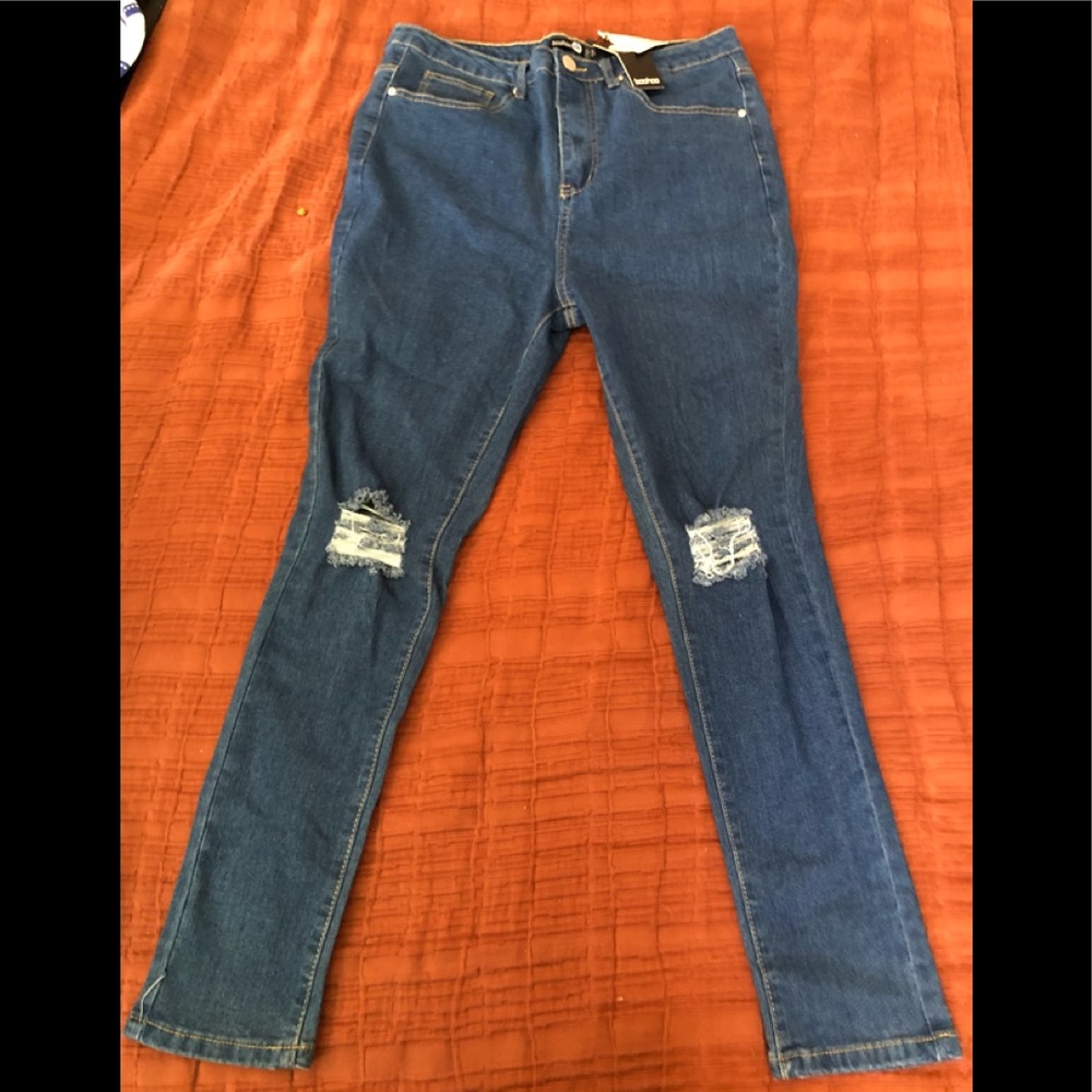 BOOHOO BLUE Jeans Womens Sz 12 Highrise Denim Distressed/Torn Skinny Stretch NEW